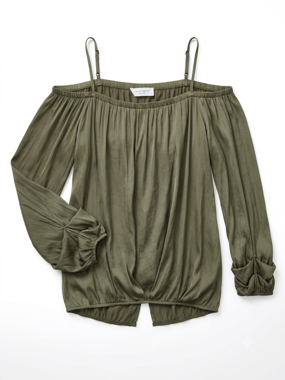 Lola & Sophie NY Cold Shoulder Blouse M Olive Green Satin Cami Bubble Hem Top